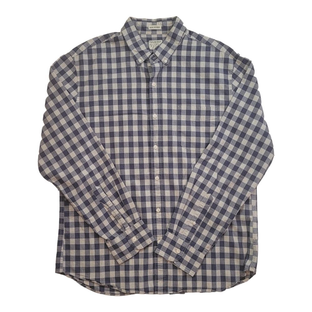 J. Crew Slim Untucked Secret Wash Cotton Poplin Shirt Blue/White Gingham Mens L